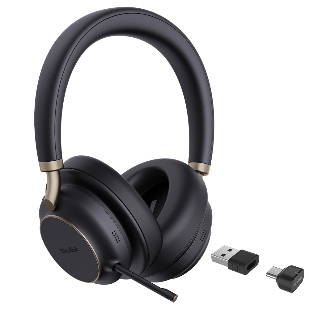 Yealink BH76 Plus UC Headset (side view) showing boom arm and usb-c/a adapter.