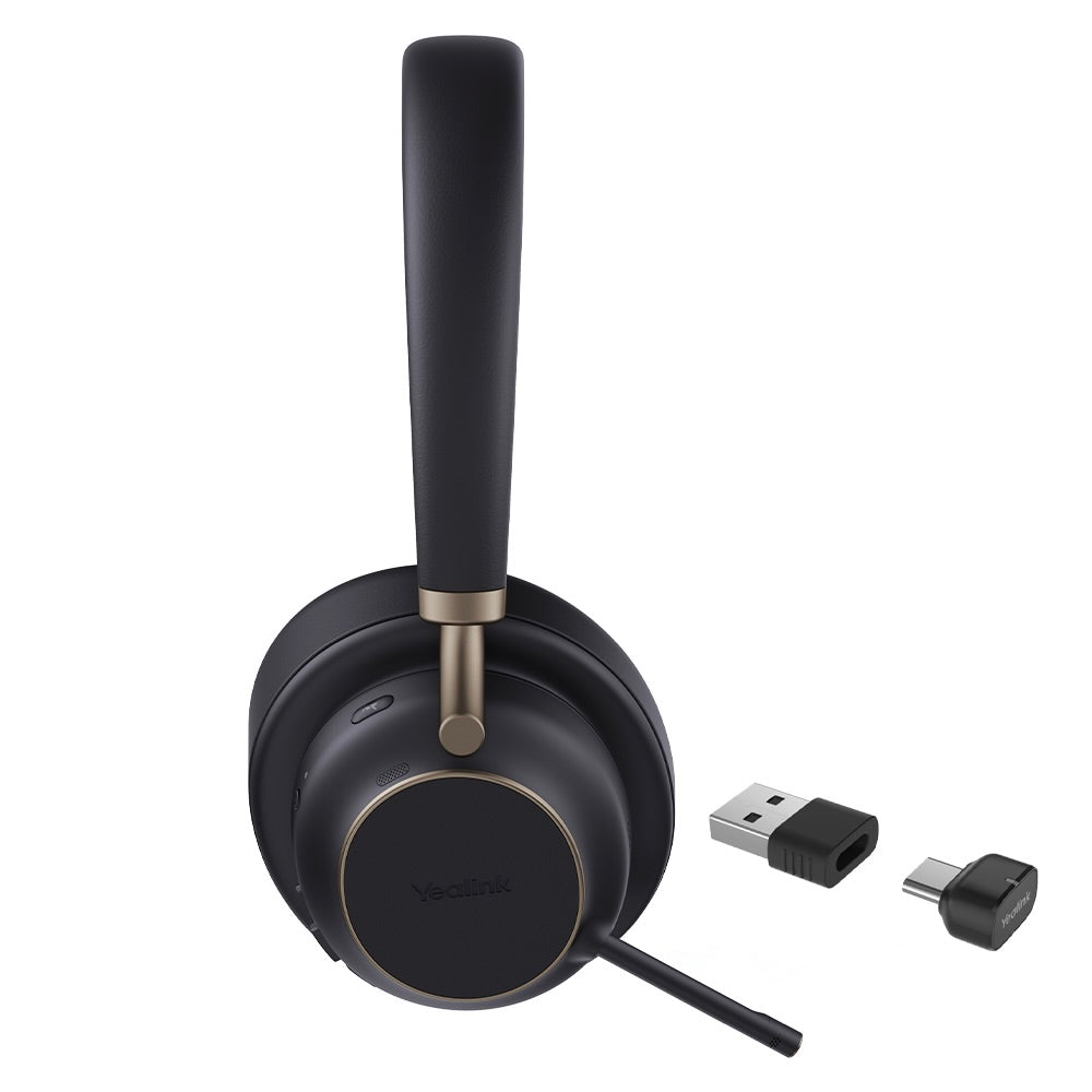 Close-up zoom of mute button on Yealink BH76 Plus UC Headset.