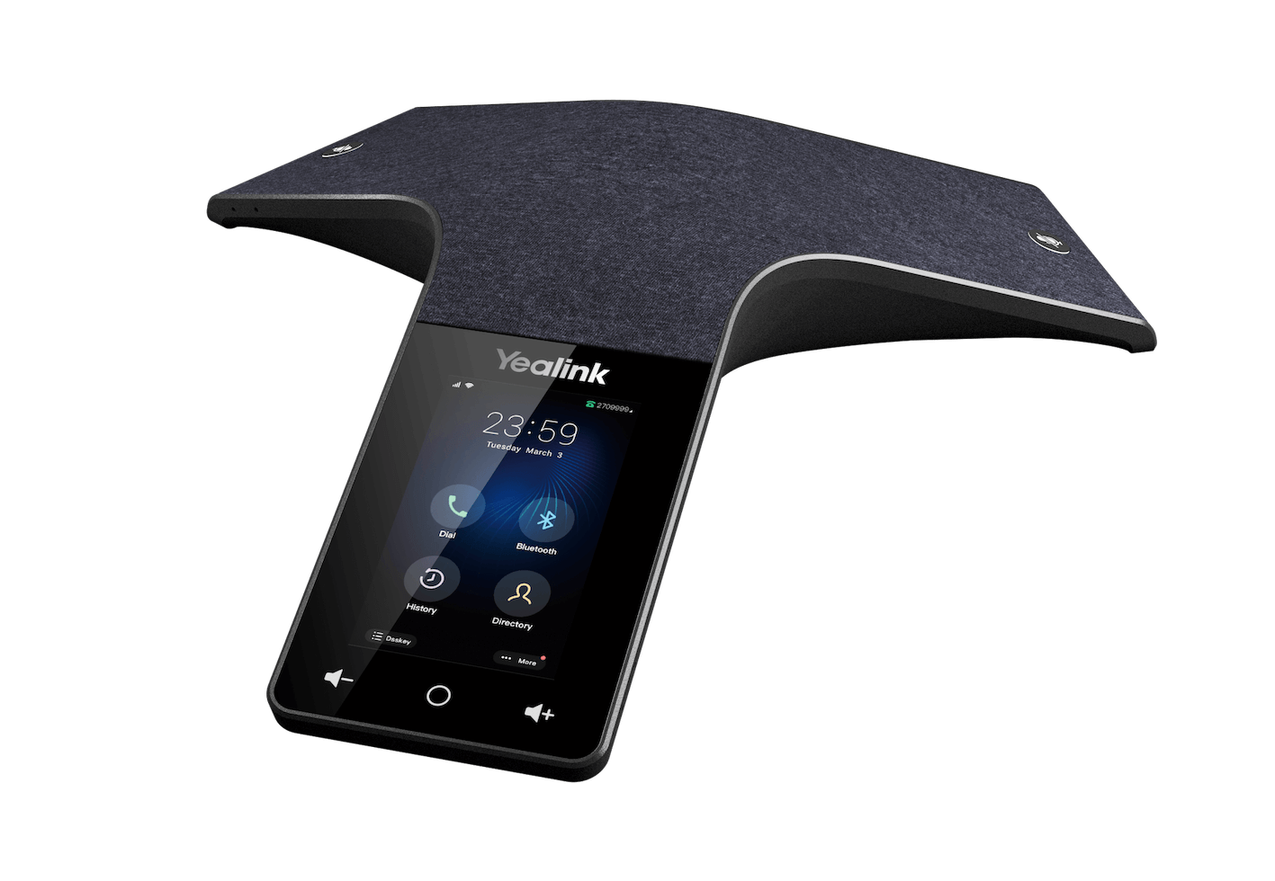 Yealink CP925 HD touch screen Conference Phone showing black acoustics fabric, which is resistant to water/oil/stain.