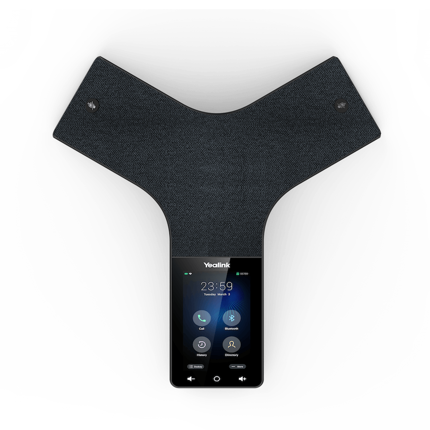 Close-up of the Y shape Yealink CP935W's 4-inch touch screen and unique acoustics fabric.