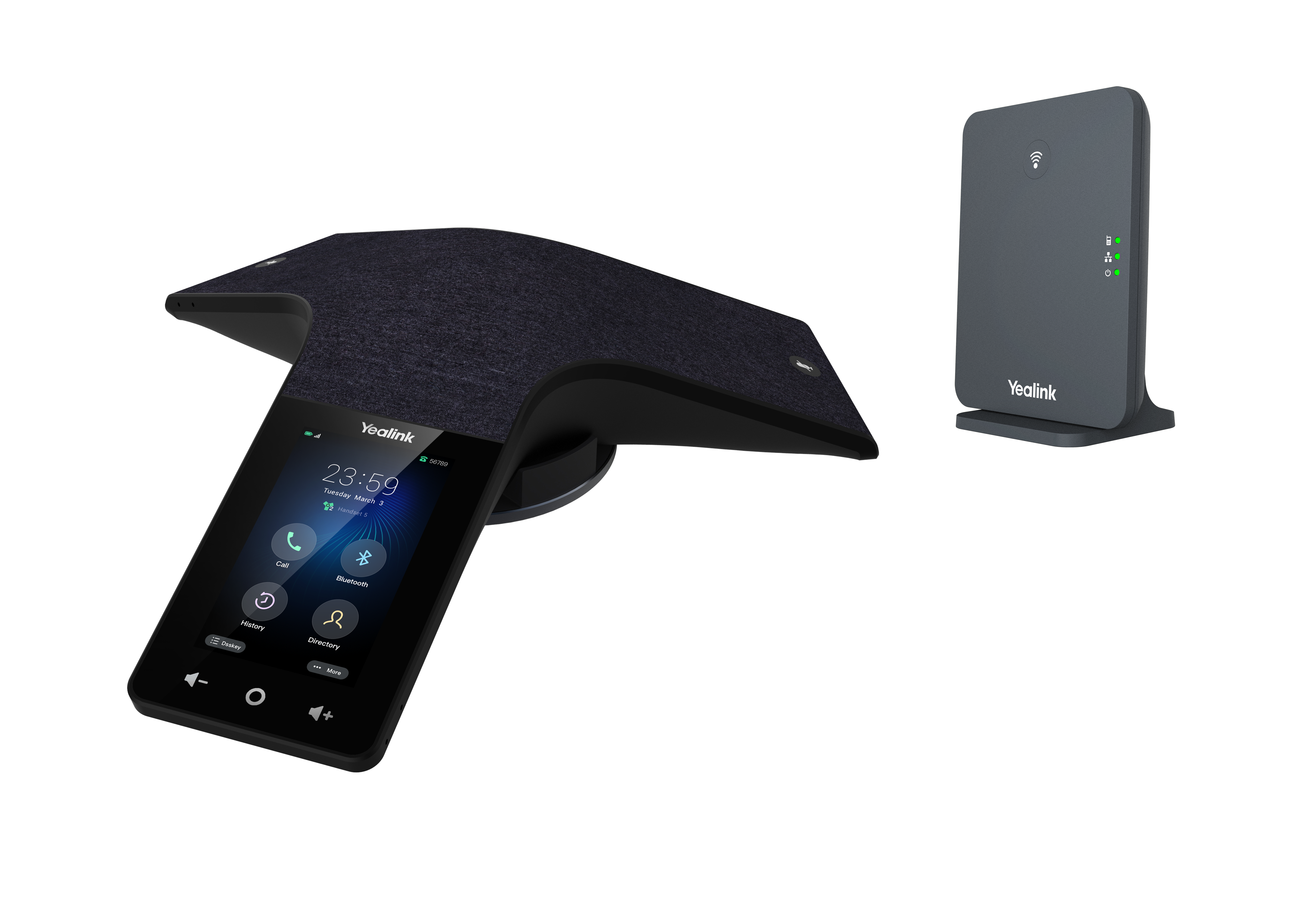 Yealink CP935W-Base cordless HD conference phone with 6-mic array, 20-hour talk time, Wi-Fi, Bluetooth & W70B base for stable DECT coverage.