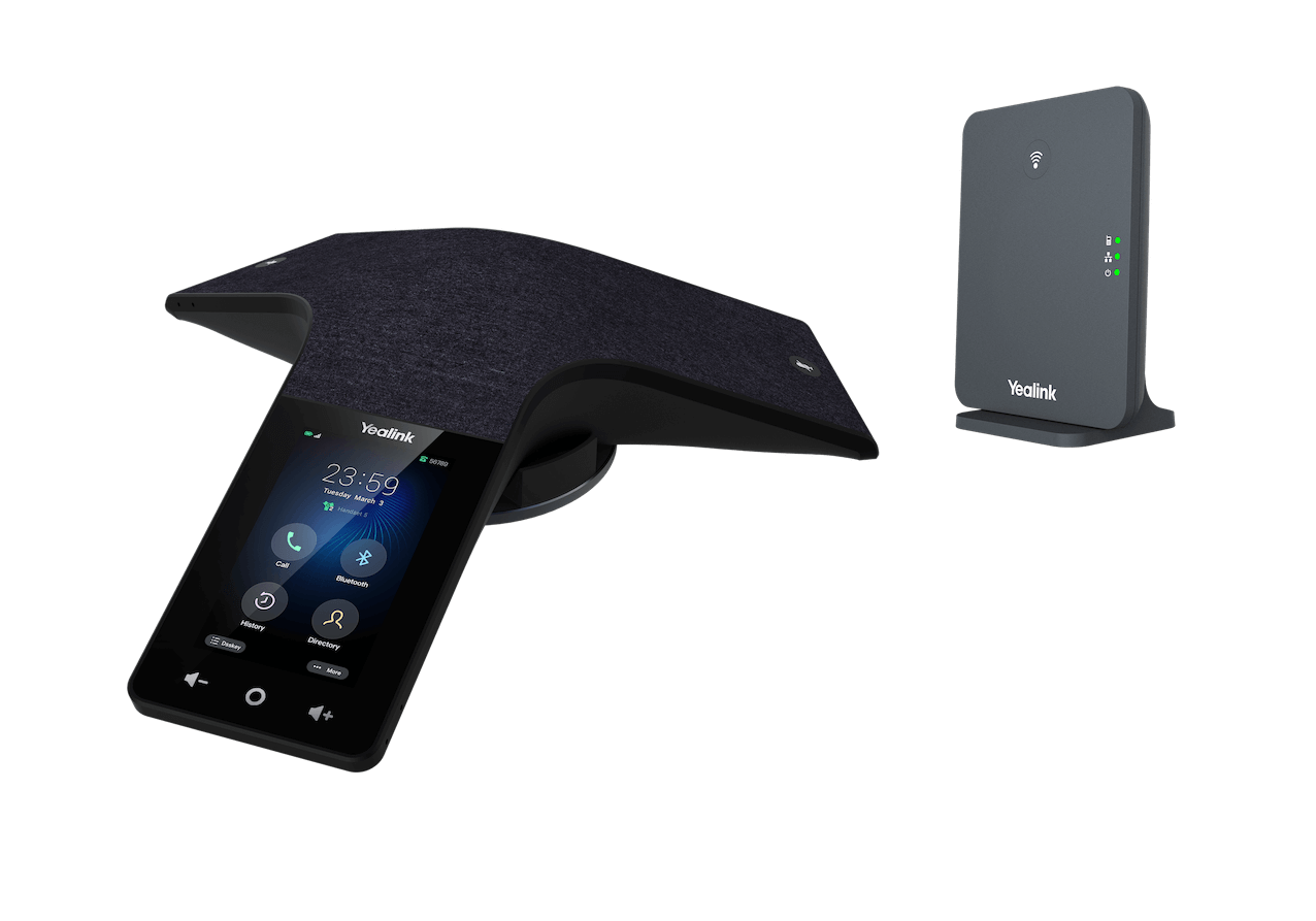 Close-up of the Yealink CP935W's 4-inch touch screen and unique acoustics fabric.