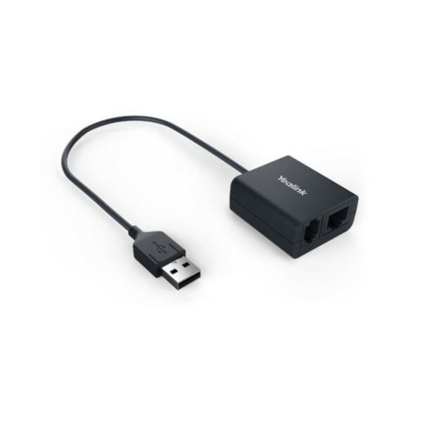 Yealink EHS40 USB Headset Adapter showing USB connection to compatible Yealink phones and RJ ports for Jabra/Plantronics remote call control.