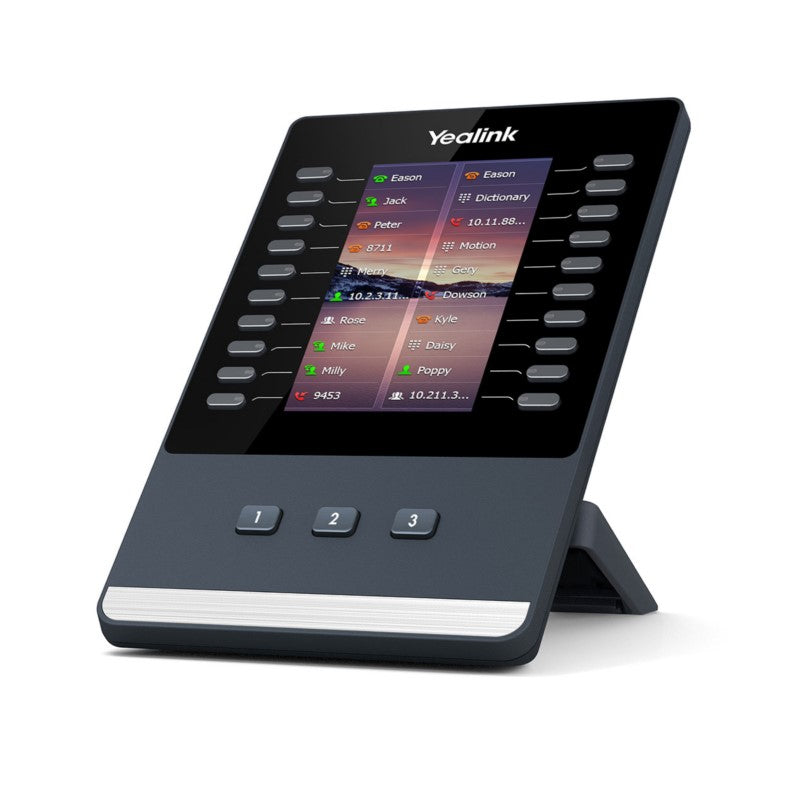 Yealink EXP43 Color Expansion Module with 4.3-inch LCD screen, 20 flexible keys with desk stand attached.