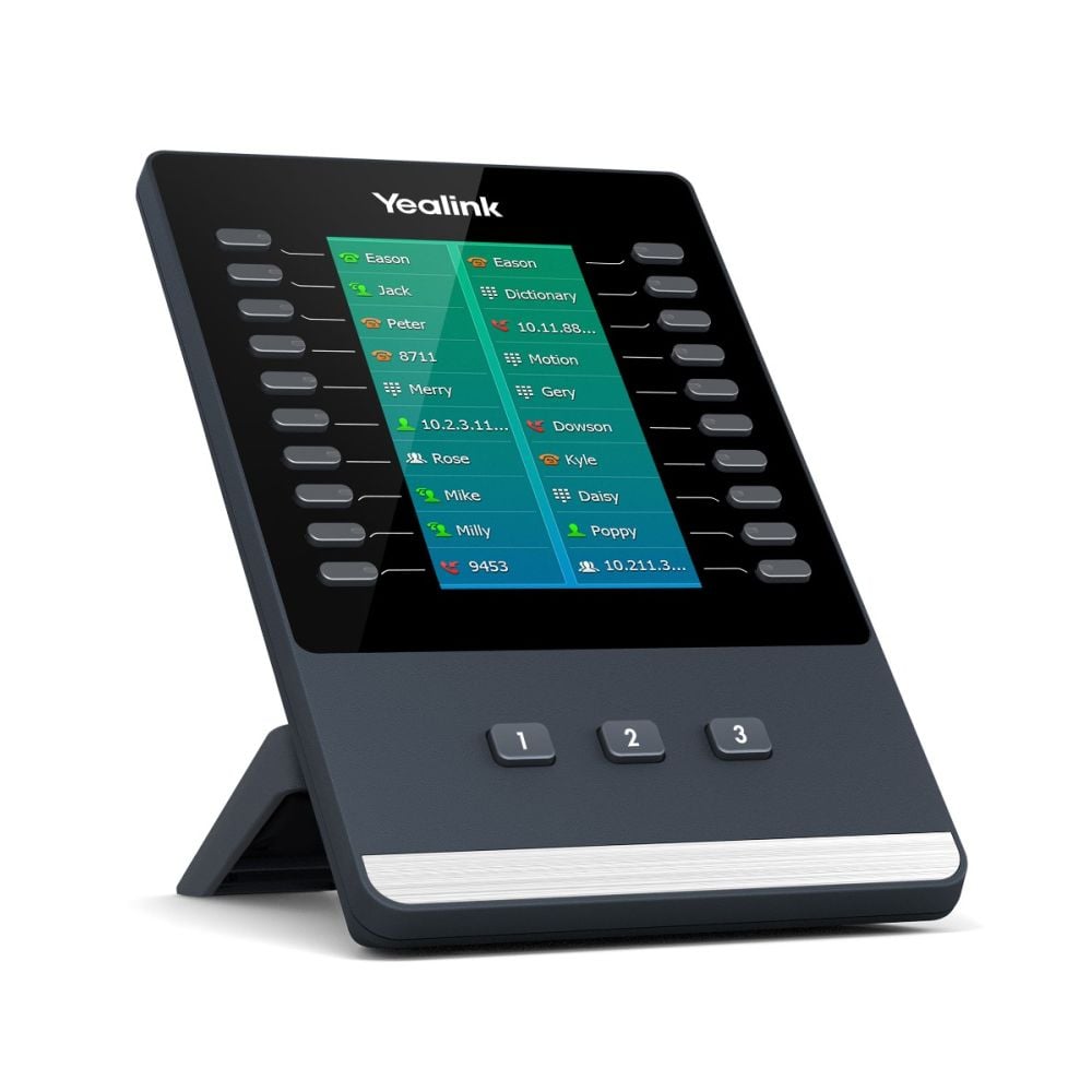 Yealink EXP50 color-screen expansion module with stand attached shows three independent control keys with illuminated LEDs on the bottom.
