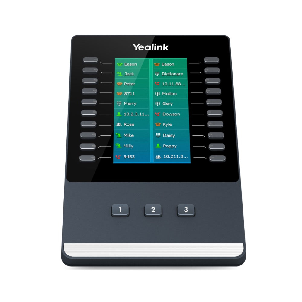 Yealink EXP50 Color-screen Expansion Module showing 4.3-inch display and 20 programmable keys.