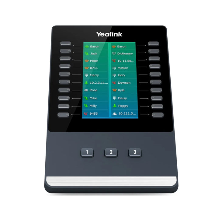 Close-up of the Yealink EXP50 LCD color display and 20 multi-functional programmable keys for speed dialing and status monitoring.
