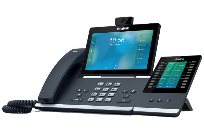 Yealink EXP50 Color-screen Expansion Module attached to a T58W phone, demonstrating the high-capacity, 60-key call management console setup.