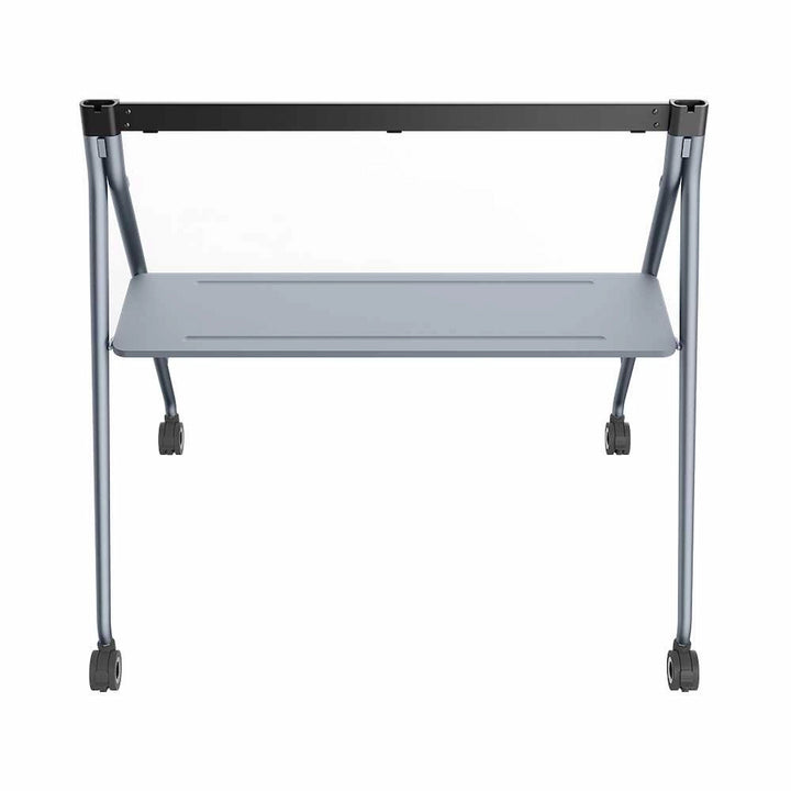 Direct front view of the Yealink MB-FS-P860T mobile floor stand for the 86-inch MeetingBoard Pro interactive display, showcasing its wide base, integrated lower component shelf, and heavy-duty caster wheels.