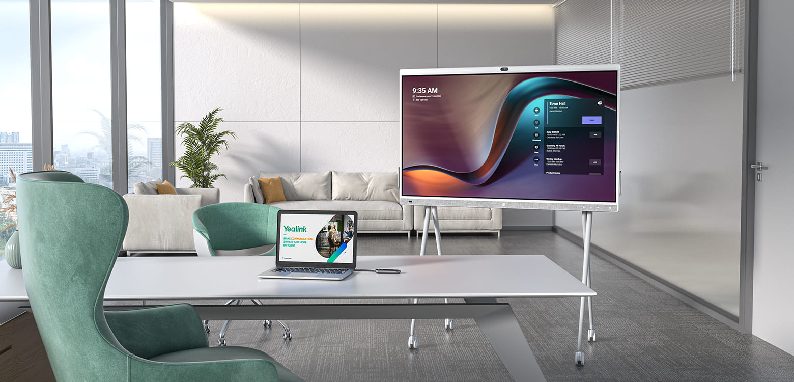 Yealink MeetingBoard 65-inch All-in-One collaboration display with built-in 4K camera, AI Noise Cancellation, and electric privacy shutter.