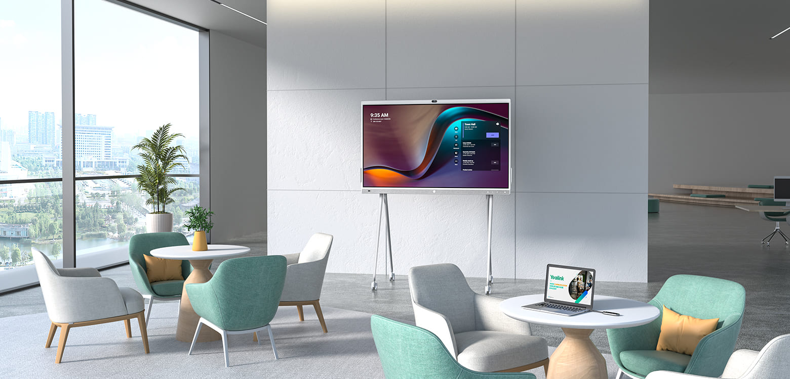 Yealink MeetingBoard 65-inch All-in-One collaboration display with built-in 4K camera, AI Noise Cancellation, and electric privacy shutter.