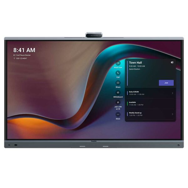 Yealink MeetingBoard 65 Pro All-in-One 4K collaboration display featuring the Triple-Eye 50MP camera system, certified for Microsoft Teams and Zoom.