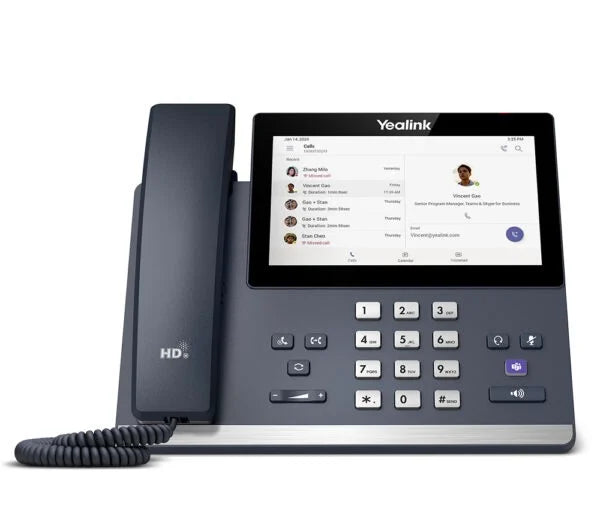 Yealink MP56 E2 Microsoft Teams IP Phone showing the 7-inch HD touchscreen, dedicated Teams button, and magnetic handset.