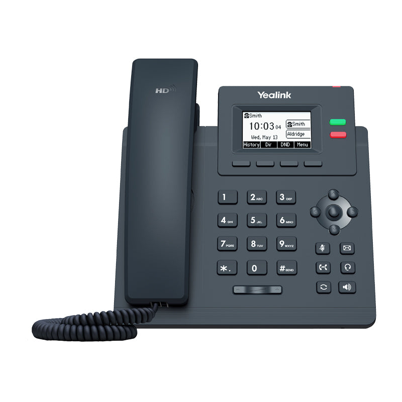 Front view of the Yealink SIP-T31G entry-level Gigabit IP phone with 2-line and black/white screen.