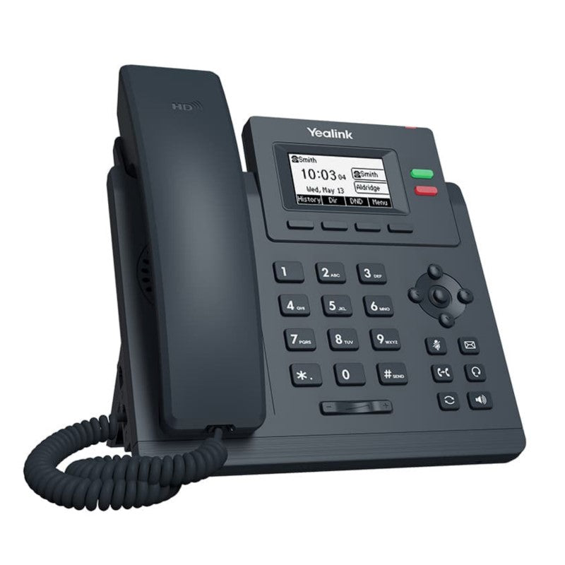 Left view of the Yealink SIP-T31G entry-level Gigabit IP phone with 2-line and black/white screen showing desk stand attached.