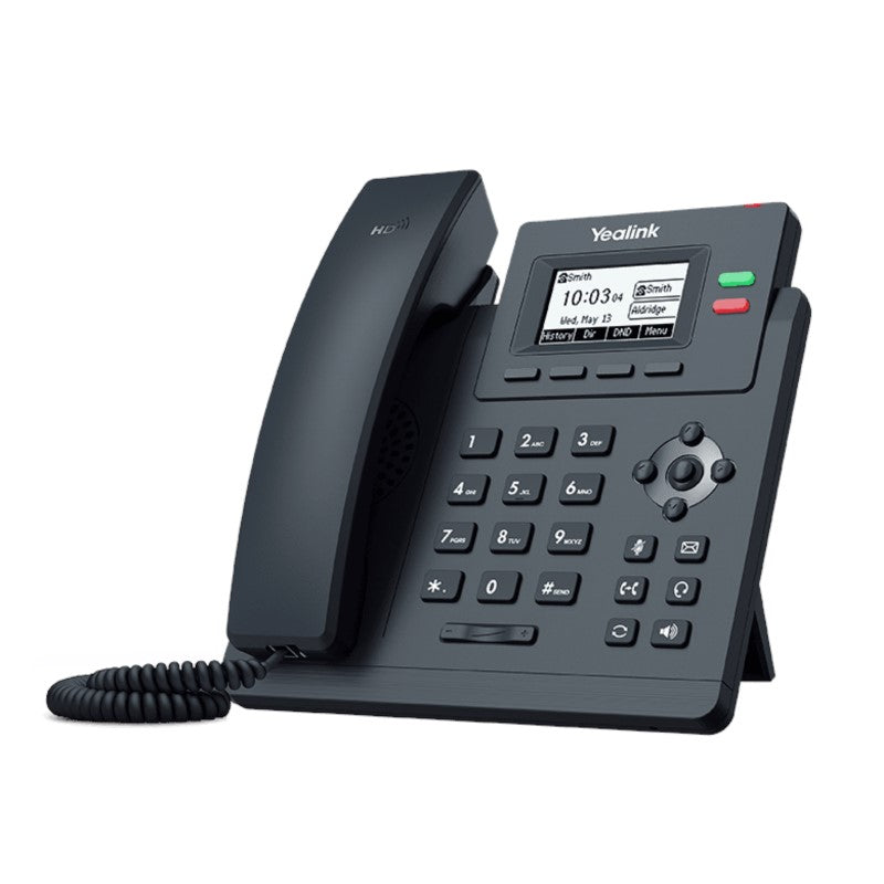Right view of the Yealink SIP-T31G IP Phone with 2.3-inch graphical LCD with desk stand attached.