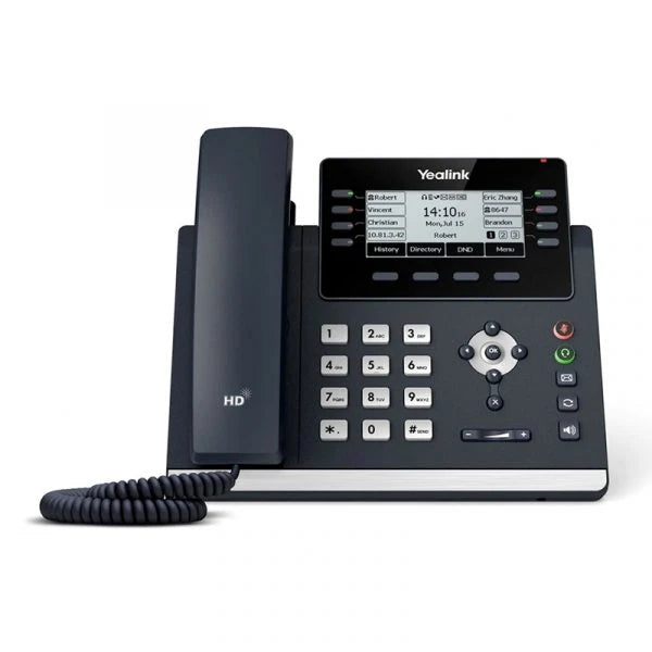 Front view of Yealink SIP-T43U IP Phone showing 3.7-inch monochrome screen and 12 line keys.