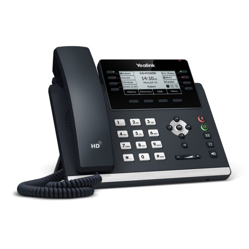 Left view of Yealink SIP-T43U IP Phone with desk stand attached showing 3.7-inch monochrome screen and 12 line keys