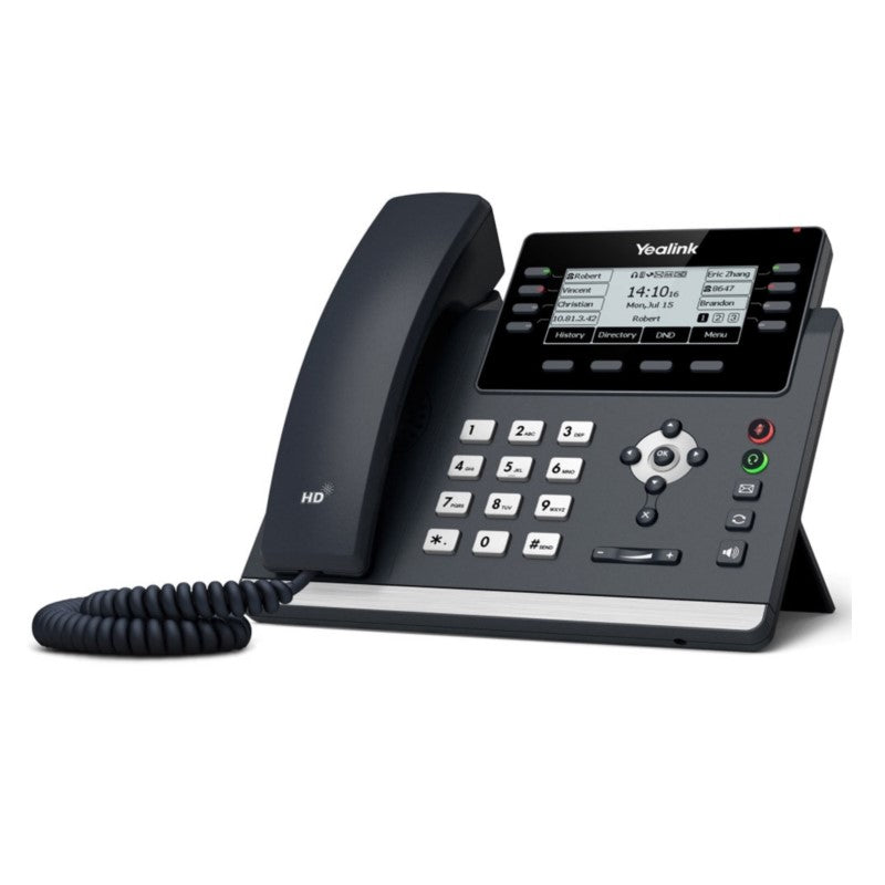 Right view of Yealink SIP-T43U IP Phone with desk stand attached showing 3.7-inch monochrome screen and 12 line keys