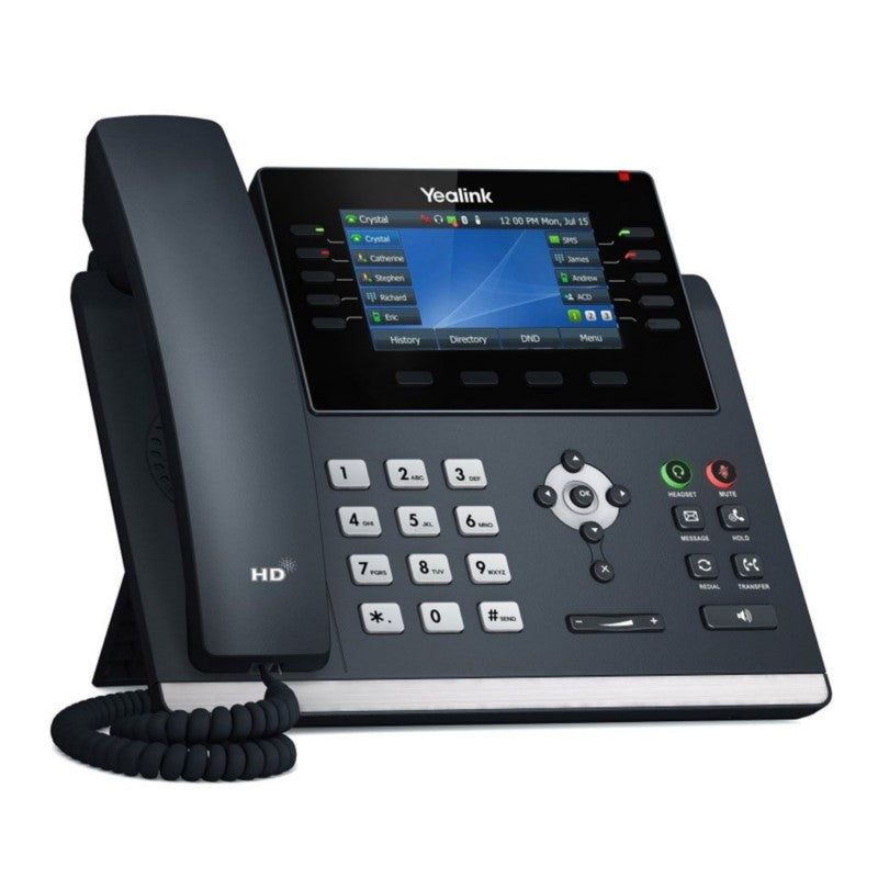 Left view of Yealink SIP-T46U IP Phone with desk stand attached showing 4.3-inch color screen 