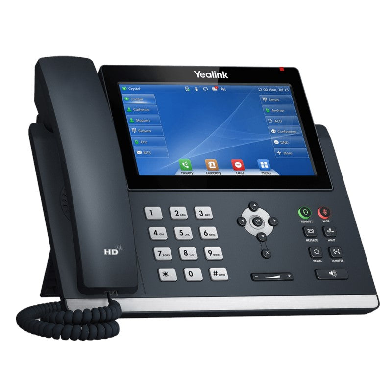 Left view of the Yealink SIP-T48U Executive IP Phone with desk stand attached showing 7-inch color touch screen.