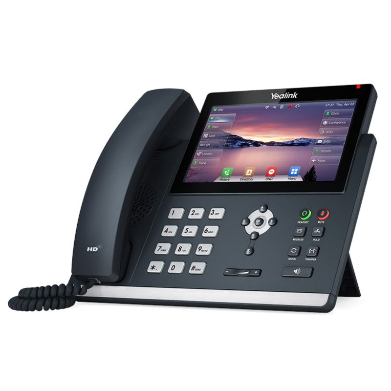 Right view of the Yealink SIP-T48U Executive IP Phone with desk stand attached showing 7-inch color touch screen configured for multiple SIP accounts.