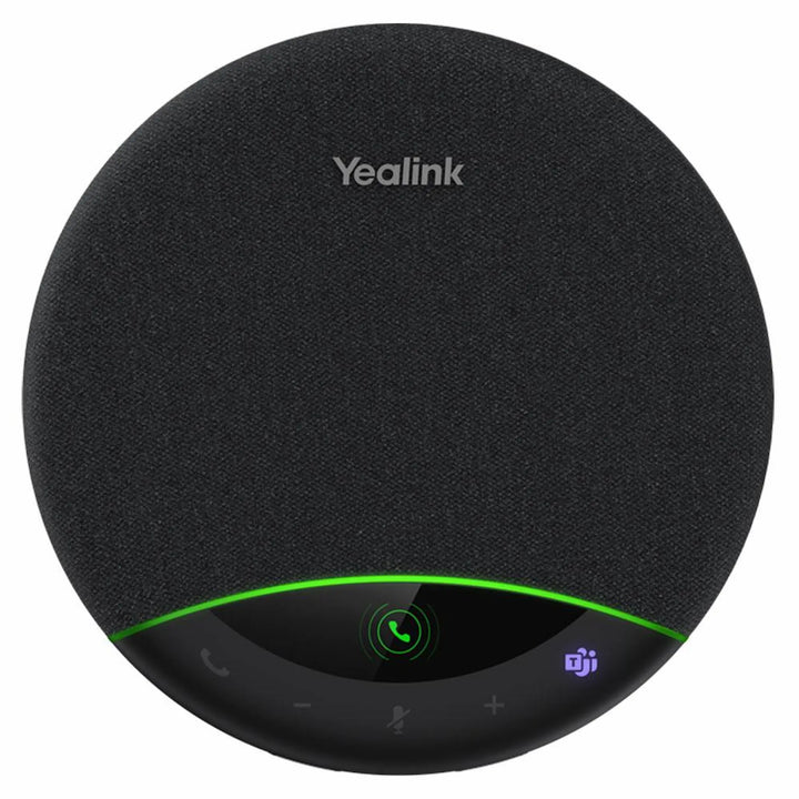 Yealink SP96 portable speakerphone highlighting its circular 6-microphone array and integrated LCD status screen for hybrid work.