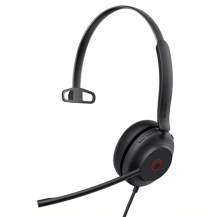 Yealink UH35 Mono Teams USB-C/A Headset, showing the single-ear design, certified for Microsoft Teams with Acoustic Shield technology, available at Voicedepot.