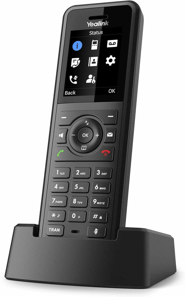 Yealink W57R ruggedized handset sitting in its included charging cradle, featuring quick-charge capabilities for industrial environments.