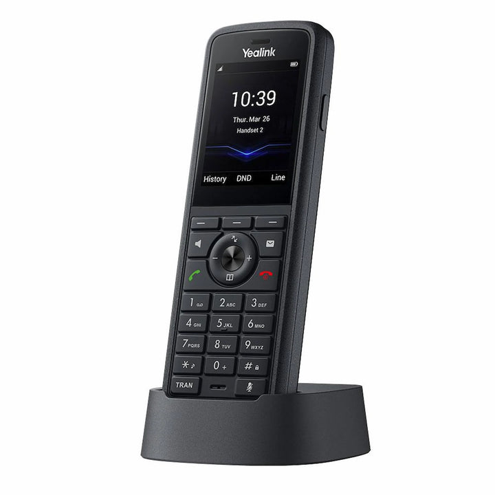 Yealink W59R Pro IP67 certified ruggedized DECT handset resting in desktop charging cradle, featuring a 2.4-inch color display, keypad, and built-in Bluetooth 5.2.