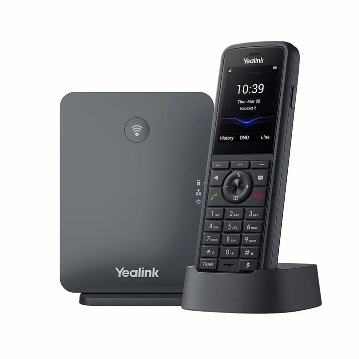 Yealink W79P Pro DECT IP phone system featuring the W70B base station alongside the W59R Pro IP67 rugged handset resting in desktop charging cradle.