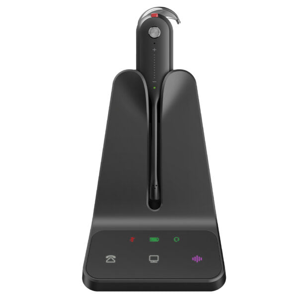 Front view of the Yealink WH63 E2 UC Convertible DECT wireless headset placed on the base station.