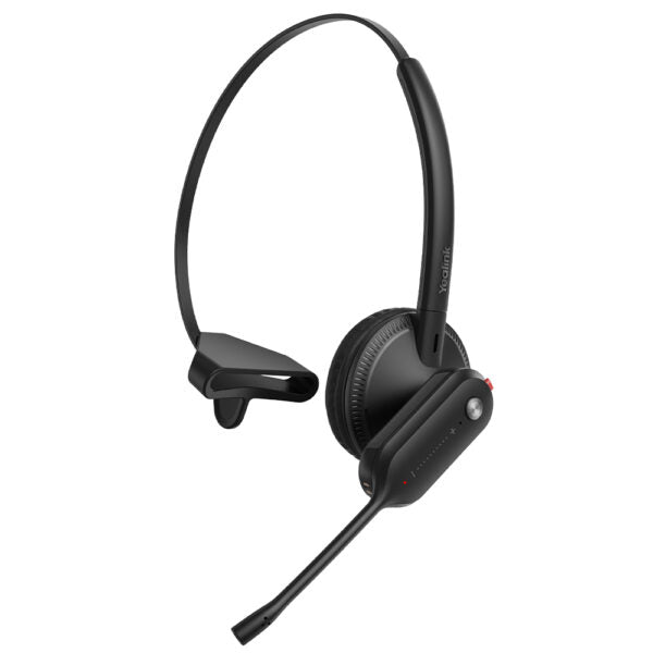 Close-up view of Yealink WH63 E2 UC Convertible DECT wireless headset with headband connected and ready to use over the head style.