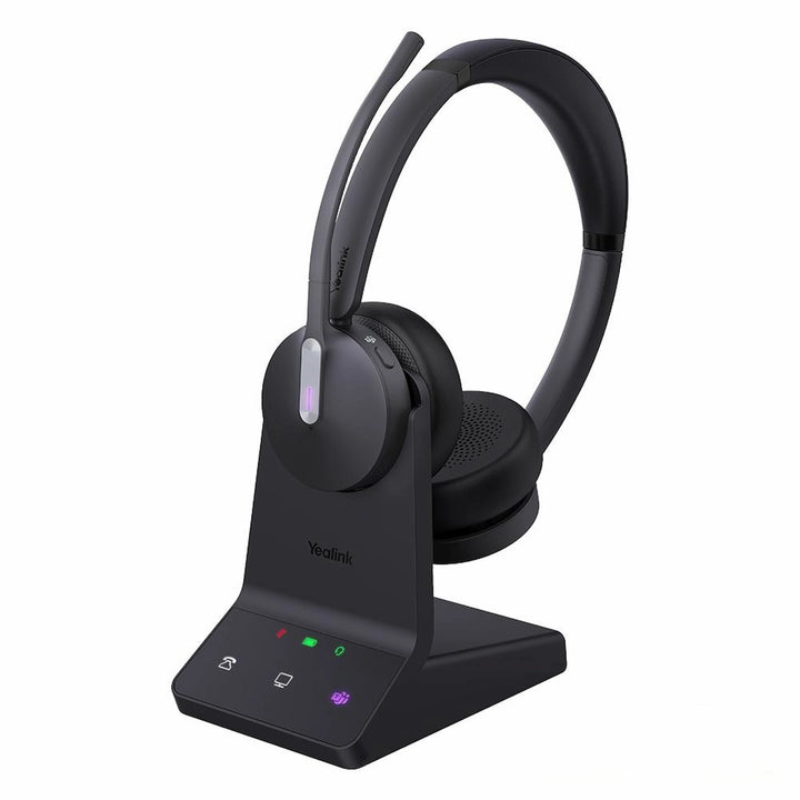 Yealink WH64 Dual Teams stereo wireless headset with DECT Bluetooth hybrid base station.