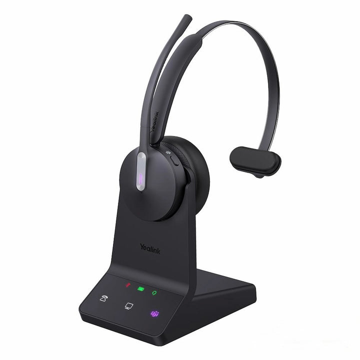 Yealink WH64 Mono Teams bluetooth and DECT hybrid wireless headset with DECT base station for office and home connectivity.
