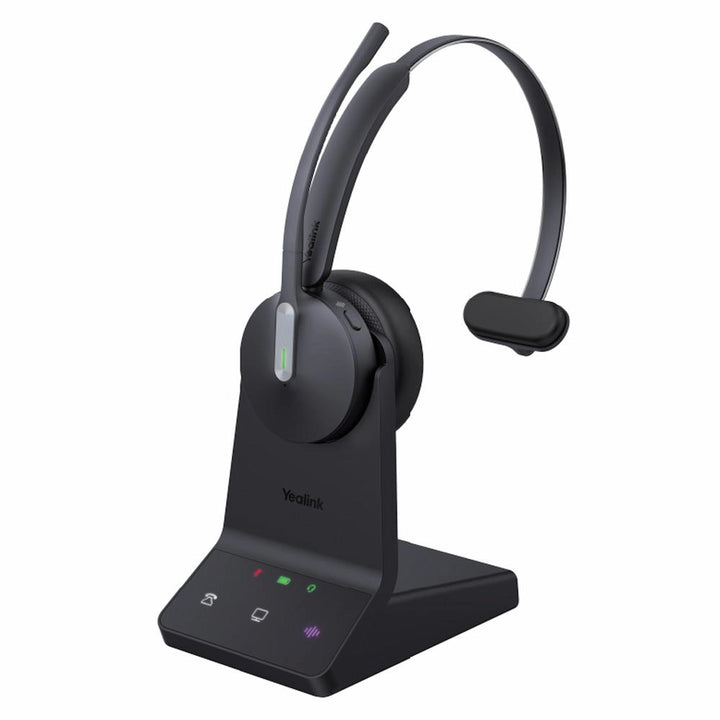 Yealink WH64 Mono UC bluetooth/DECT wireless headset with DECT base station and single-ear leatherette cushion.
